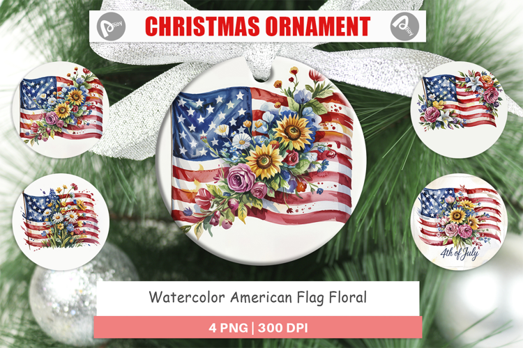 Ornament Watercolor American Flag Floral