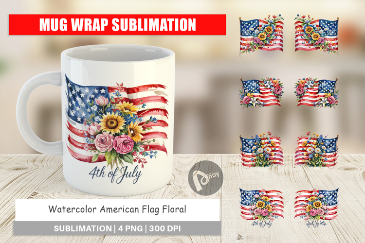 Mug Wrap Watercolor American Flag Floral