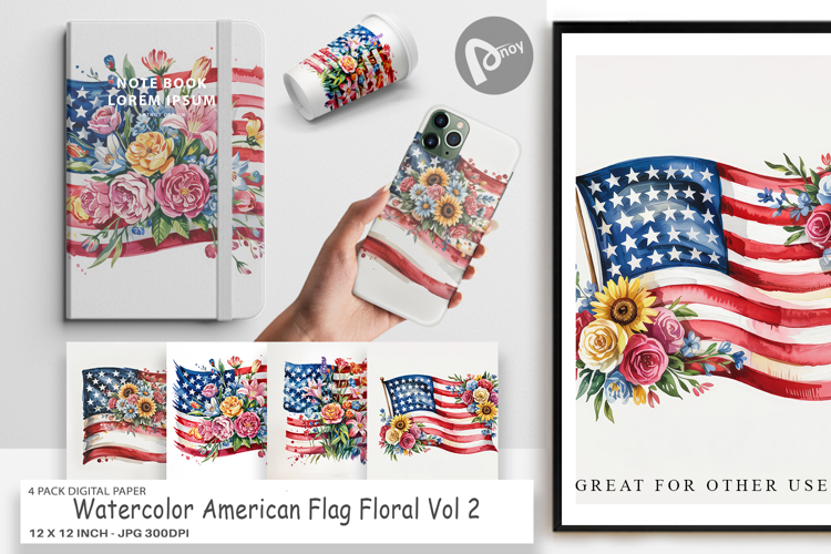 Digital Paper Watercolor American Flag Floral