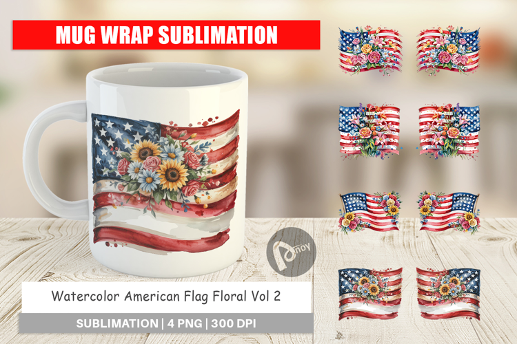 Mug Wrap Watercolor American Flag Floral