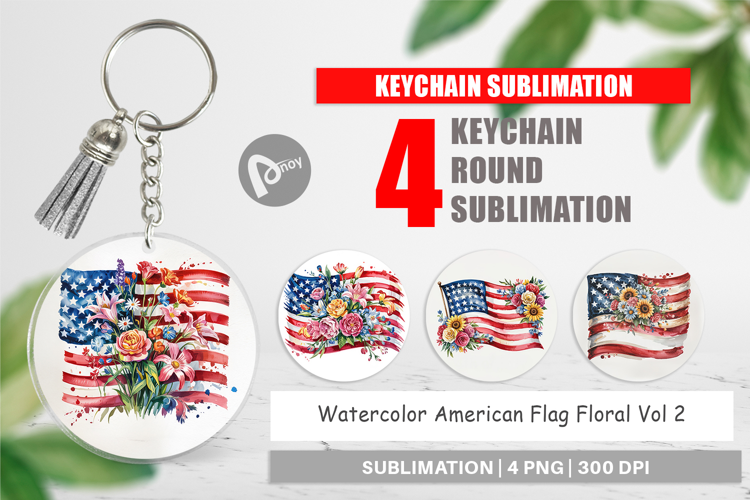 Keychain Watercolor American Flag Floral