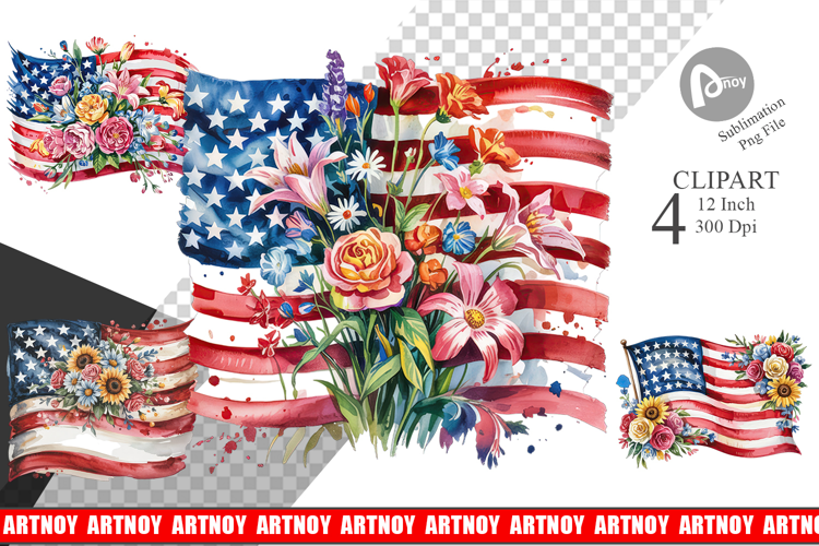 Watercolor American Flag Floral Clipart