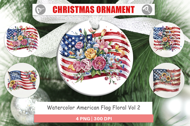 Ornament Watercolor American Flag Floral