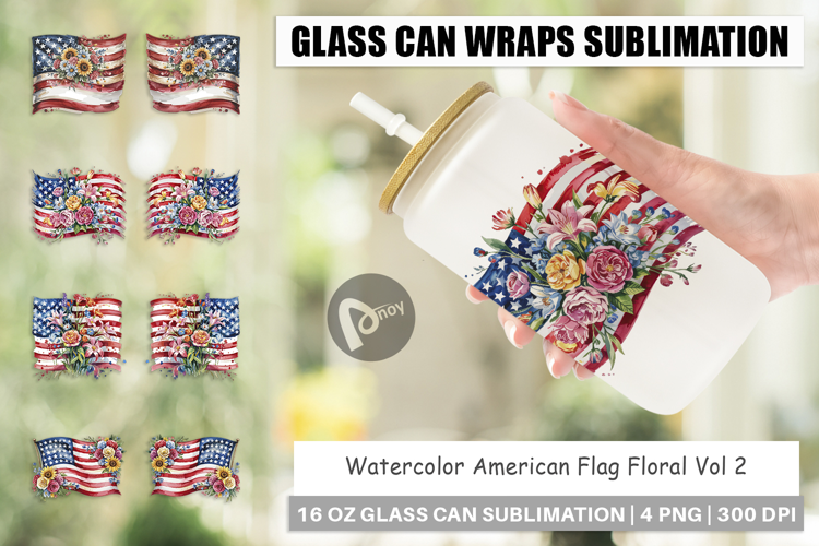 Glass Can Watercolor American Flag Floral