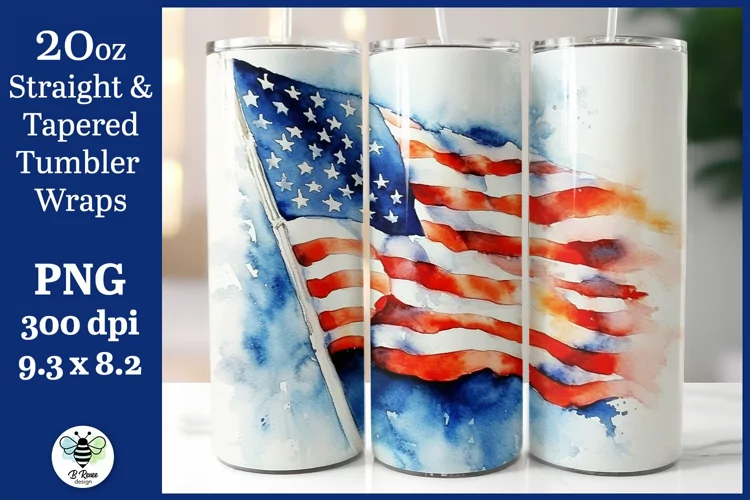 Watercolor American Flag Tumbler Wrap | Patriotic Tumbler