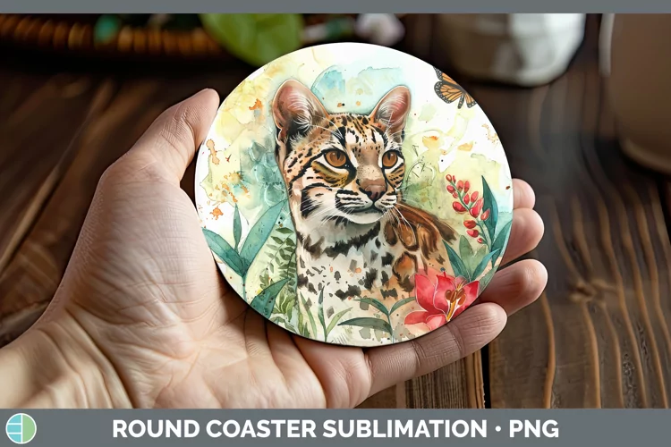Watercolor Andean Mountain Cat Round Coaster Sublimation Coa