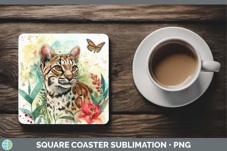 Watercolor Andean Mountain Cat Square Coaster Sublimation Co