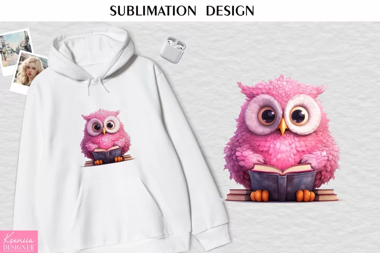 Pink Funny Owl with Books| Watercolor Sublimation Design