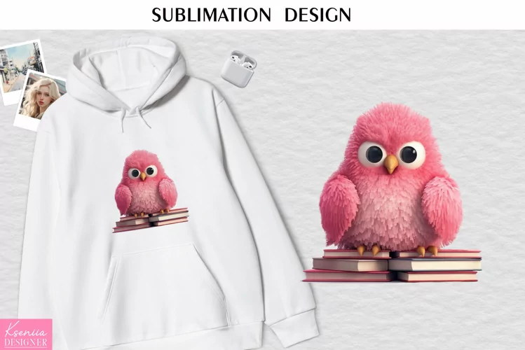 Pink Fluffy Owl with Books| Watercolor Sublimation Design