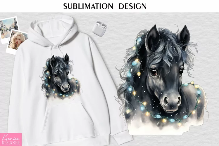 Watercolor Black Horse with Garland| Christmas Sublimation