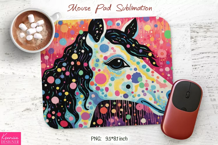 Floral White Horse with Black Mane|Animal Mouse Pad
