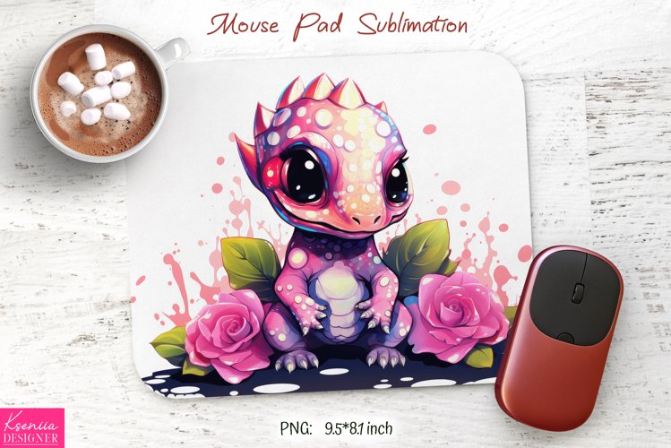 Little Baby Dinosaur with Pink Flower| Mouse Pad Design example image 1