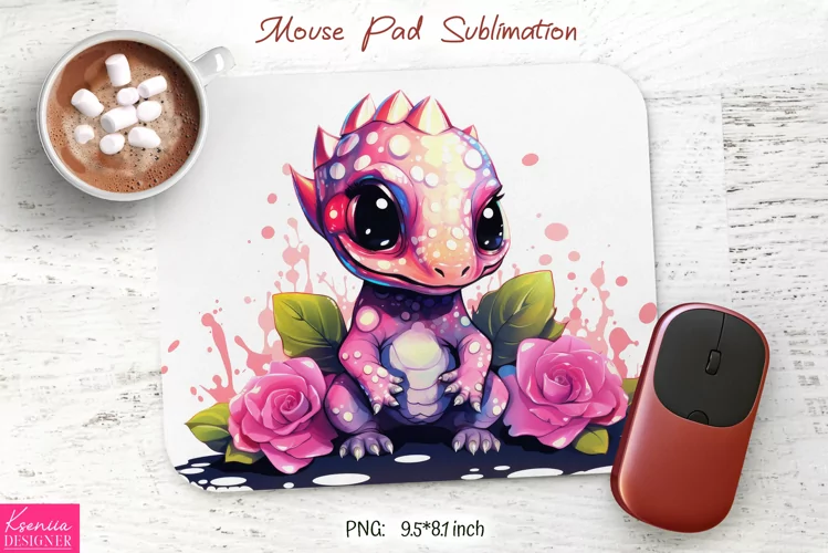 Little Baby Dinosaur with Pink Flower| Mouse Pad Design