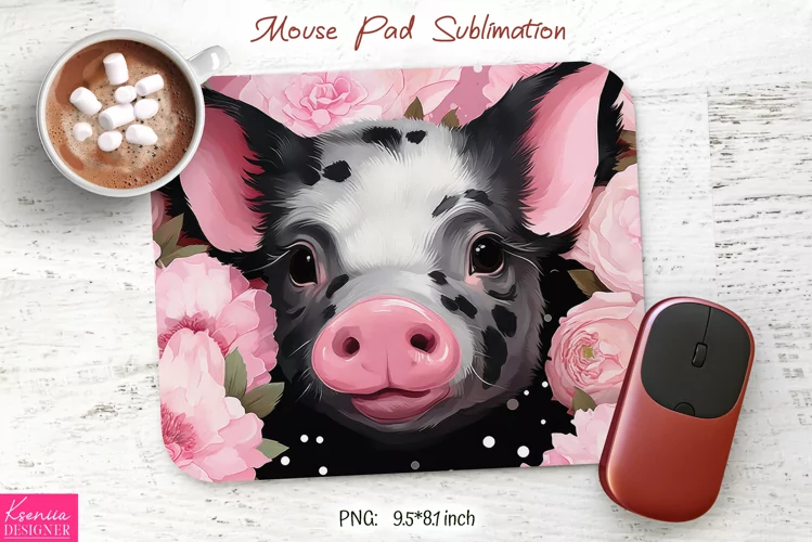 Black and Pink Pig with Flowers|Animal Mouse Pad Design