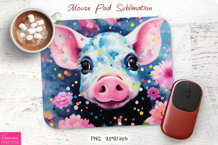 Watercolor Floral Smiling Pig|Animal Mouse Pad Design