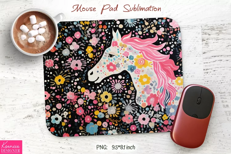 Floral White Horse with Pink Mane|Animal Mouse Pad