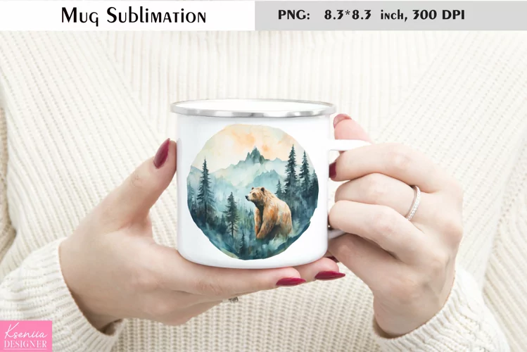 Watercolor Brown Bear Mug Sublimation|Camping Mug Design