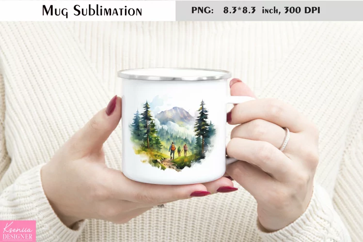 Watercolor Mountains Mug Sublimation|Camping Mug Design