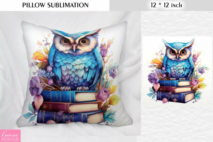 Watercolor Blue Owl on the Books|Flower Pillow Sublimation