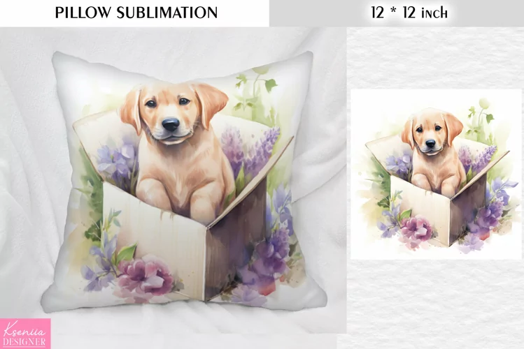 Watercolor Puppy in the Box|Flower Pillow Sublimation