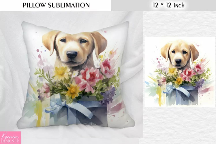 Watercolor Dog in the Floral Box|Flower Pillow Sublimation