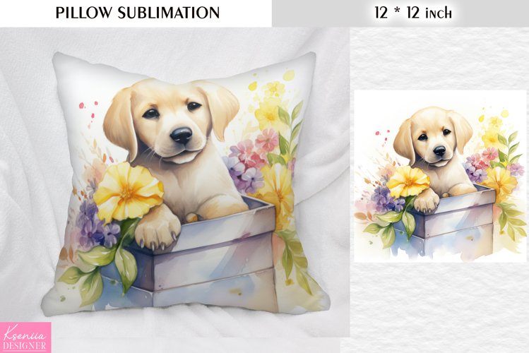 Watercolor Puppy in the Box|Spring Flower Pillow Sublimation