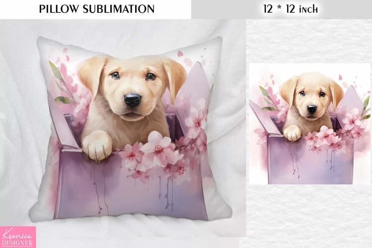 Watercolor Puppy in the Pink Box|Flower Pillow Sublimation