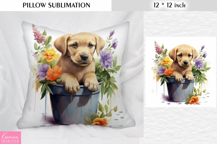 Watercolor Little Puppy in the Flower Pot|Flower Pillow Subl