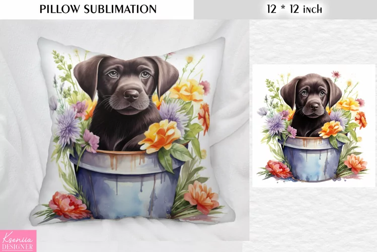 Watercolor Black Puppy in the Flower Pot| Pillow Sublimation