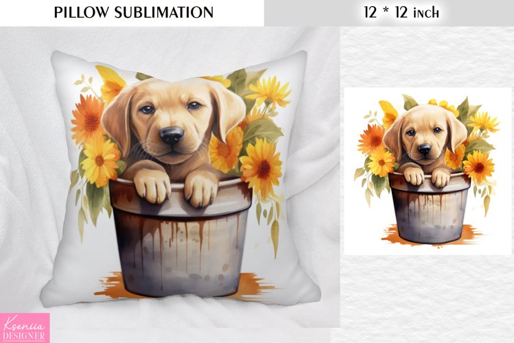 Puppy in the Pot|Yellow Flower Pillow Sublimation
