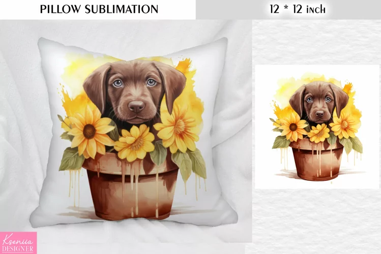 Watercolor Puppy in the Clay Pot|Spring Pillow Sublimation