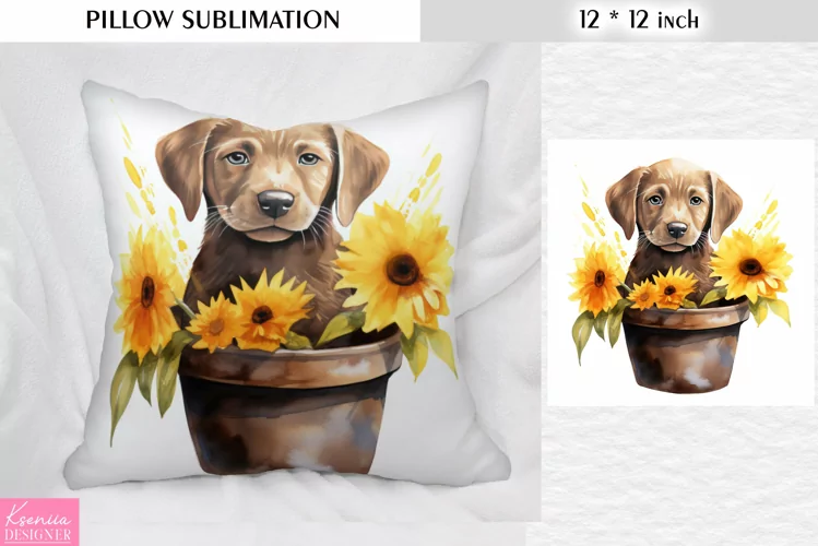 Watercolor Brown Puppy in the Clay Pot|Yellow Flower Pillow