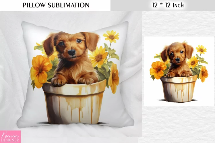 Cute Puppy in the Clay Pot|Watercolor Spring Pillow Design