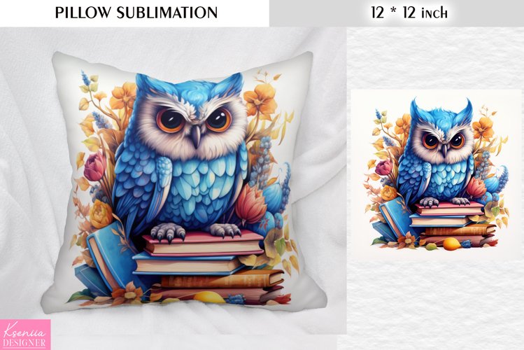 Floral Blue Owl on the Books|Flower Pillow Sublimation