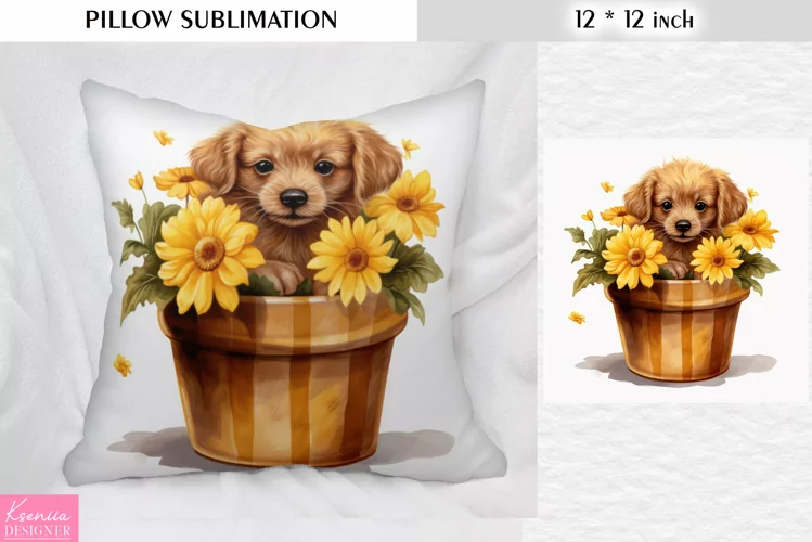 Watercolor Puppy in the Clay Pot|Flower Pillow Sublimation