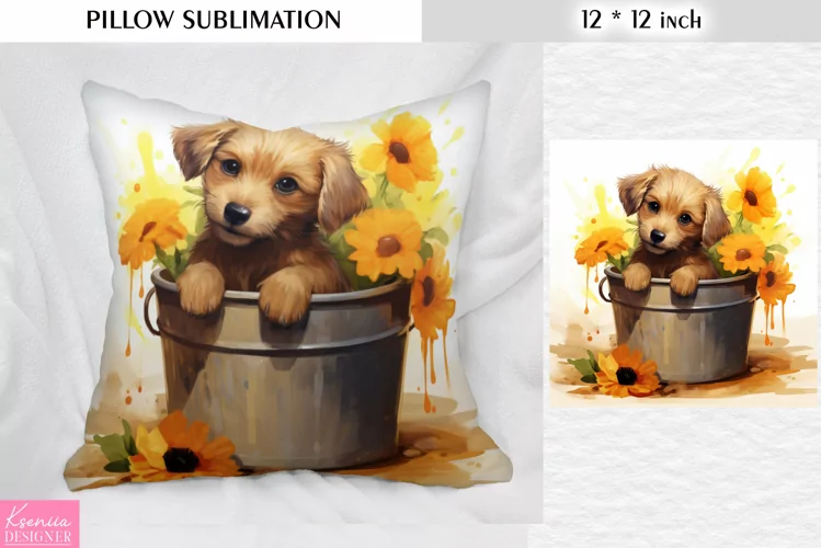 Little Puppy in the Bucket|Spring Flower Pillow Sublimation