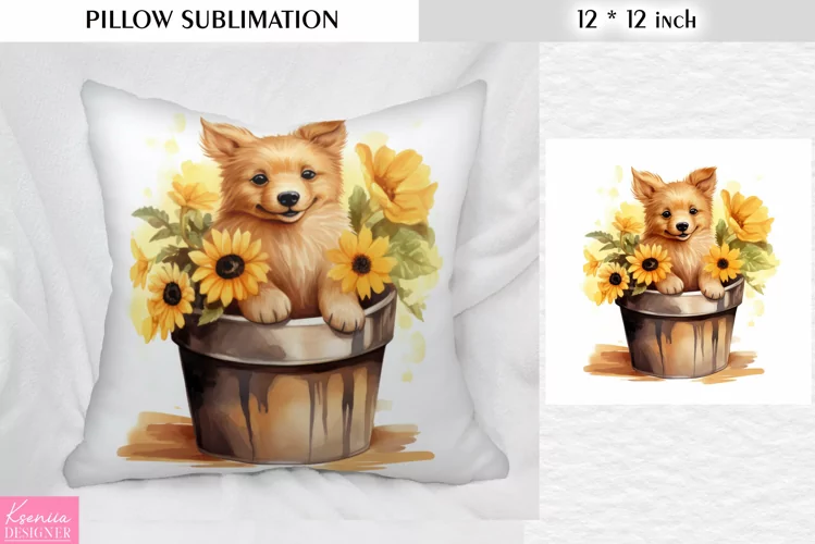 Funny Puppy in the Clay Pot|Yellow Flower Pillow Sublimation