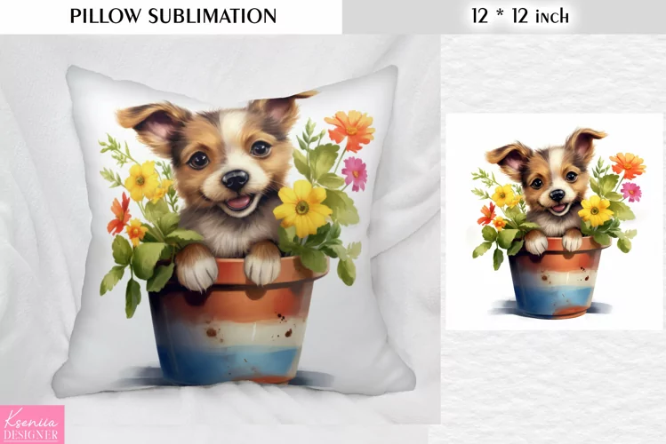 Baby Dog in the Clay Pot|Summer Flower Pillow Sublimation