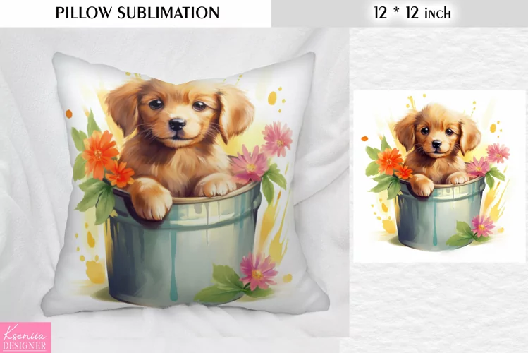 Smiling Dog in the Bucket|Flower Pillow Sublimation