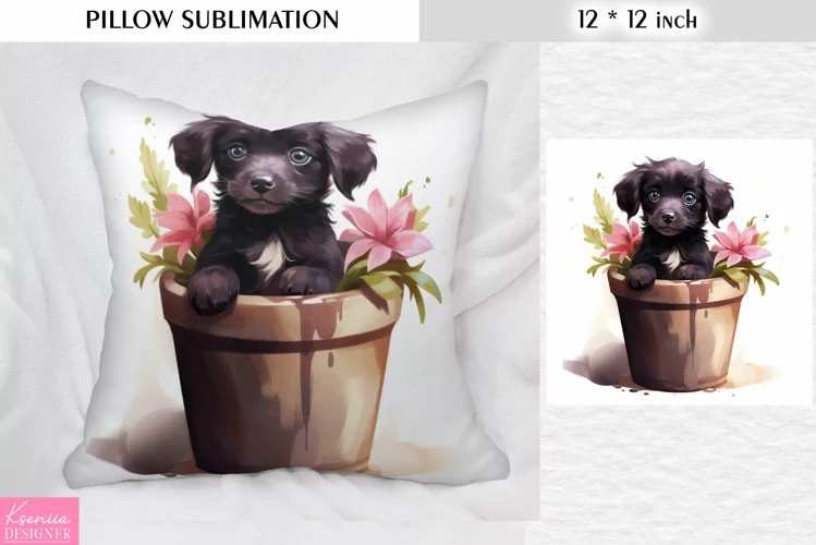Black Puppy in the Clay Pot|Flower Pillow Sublimation