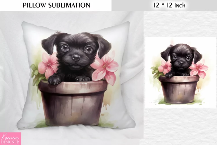 Puppy in the Clay Pot with Pink Flowers| Pillow Sublimation