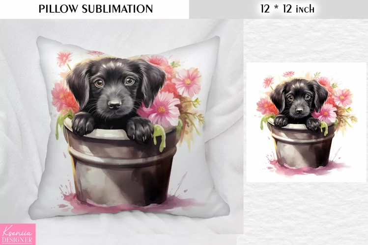 Dog in the Clay Pot with Pink Flowers|Pillow Sublimation
