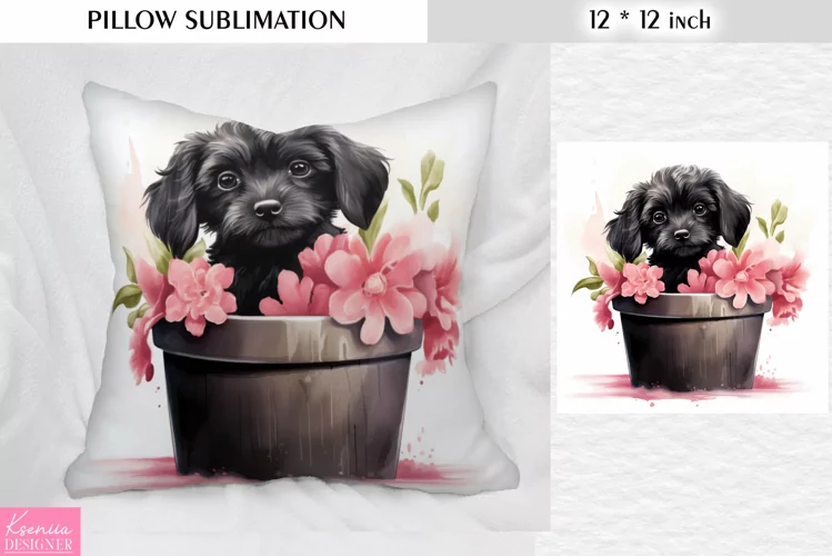 Black Puppy in the Clay Pot|Pillow Sublimation