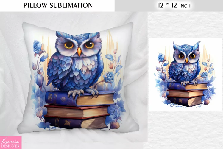 Clever Blue Owl on the Books|Flower Pillow Sublimation