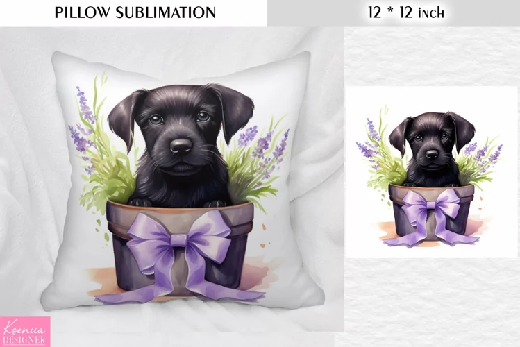 Puppy in the Clay Pot with Lavender| Pillow Sublimation