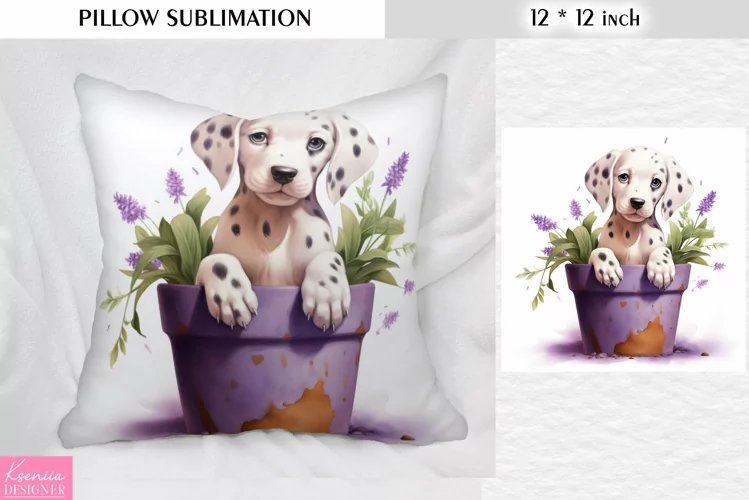 Dalmatian Puppy in the Clay Pot with Lavender| Pillow Design