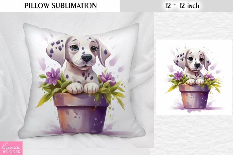Dalmatian Puppy in the Clay Pot with Flower| Pillow Design