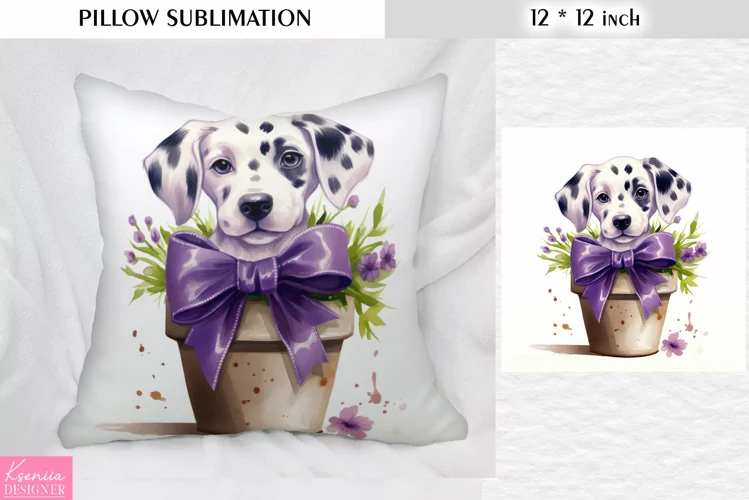 Dalmatian Puppy in the Clay Pot with Lavender| Pillow Design
