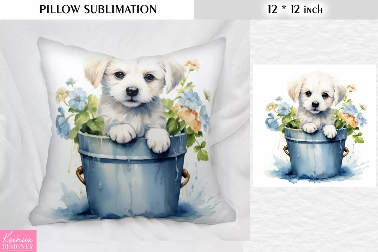 White Puppy in the Bucket|Spring Flower Pillow Sublimation