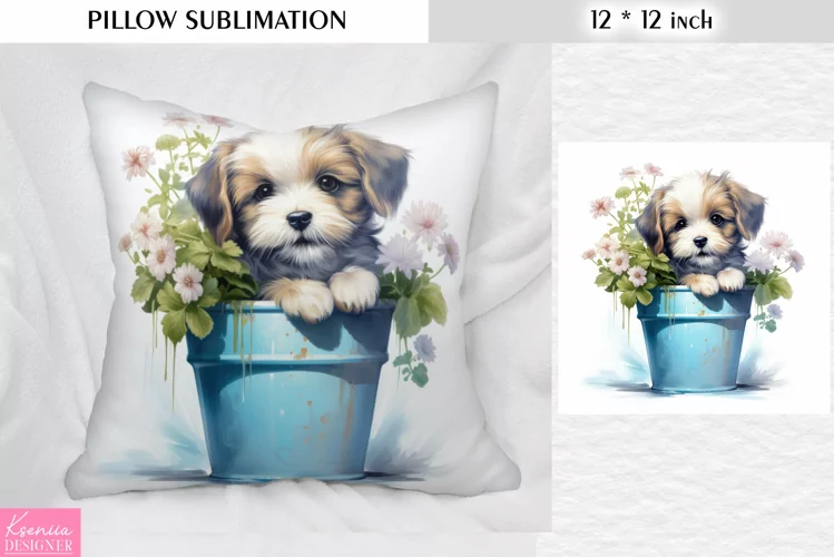 Cute Puppy in the Bucket|Floral Pillow Sublimation
